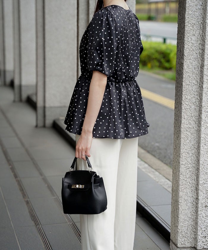 レディース ブラウス 2way ドット ペプラム きれいめ 洗える ホワイト ブラック
