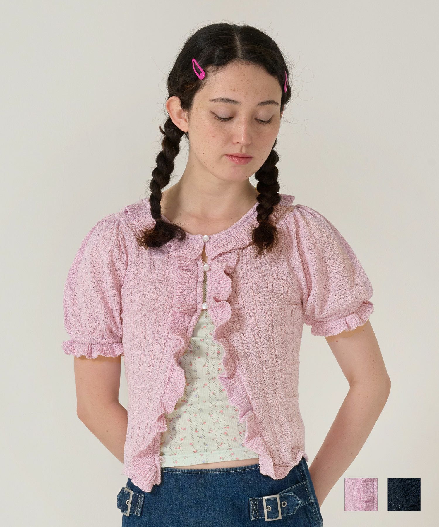 フリル付き 半袖ニットカーディガン TINA：JOJUN 全2色｜tnj421-1075