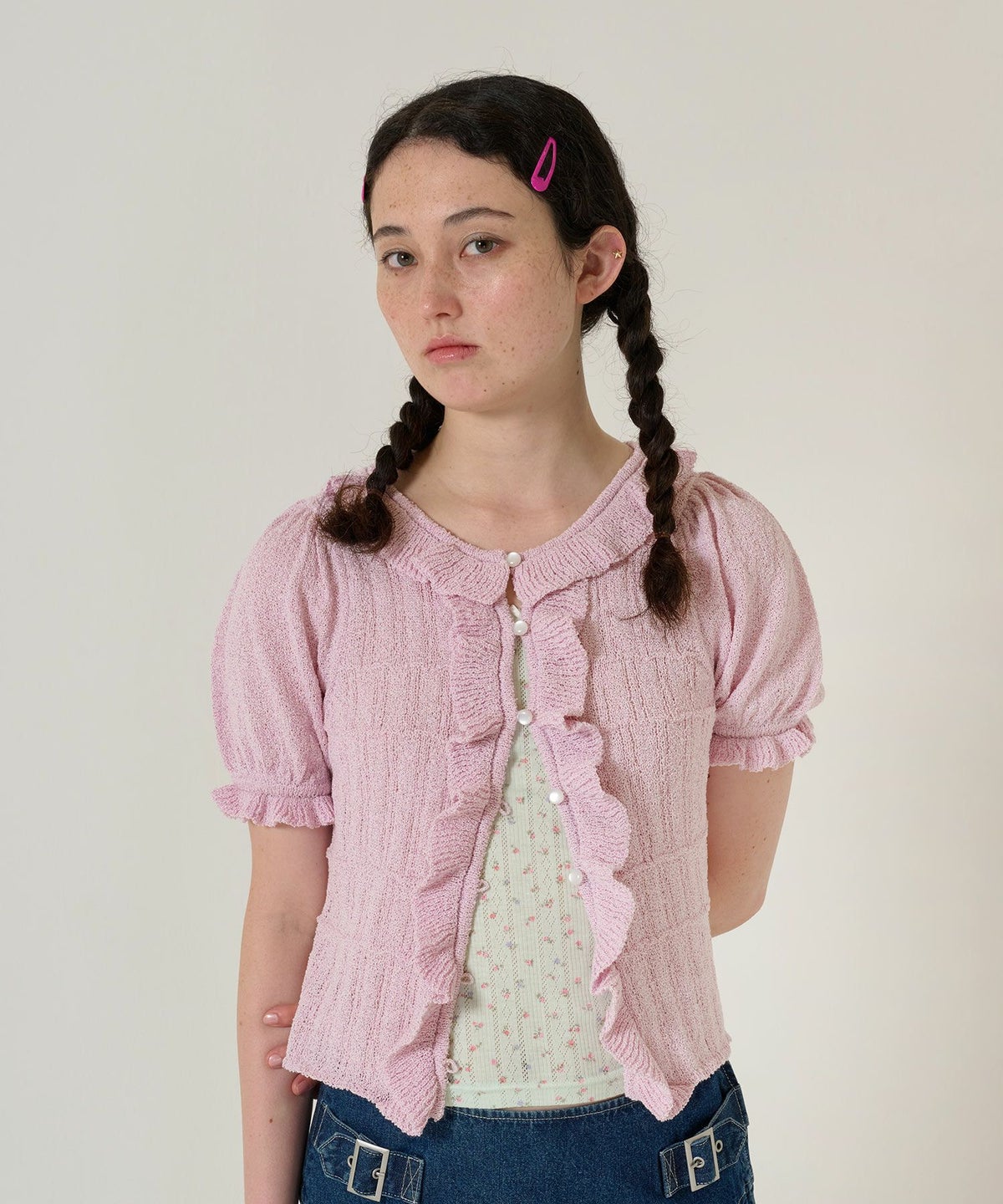 カーディガン/トップス/ニット/半袖/ピンク