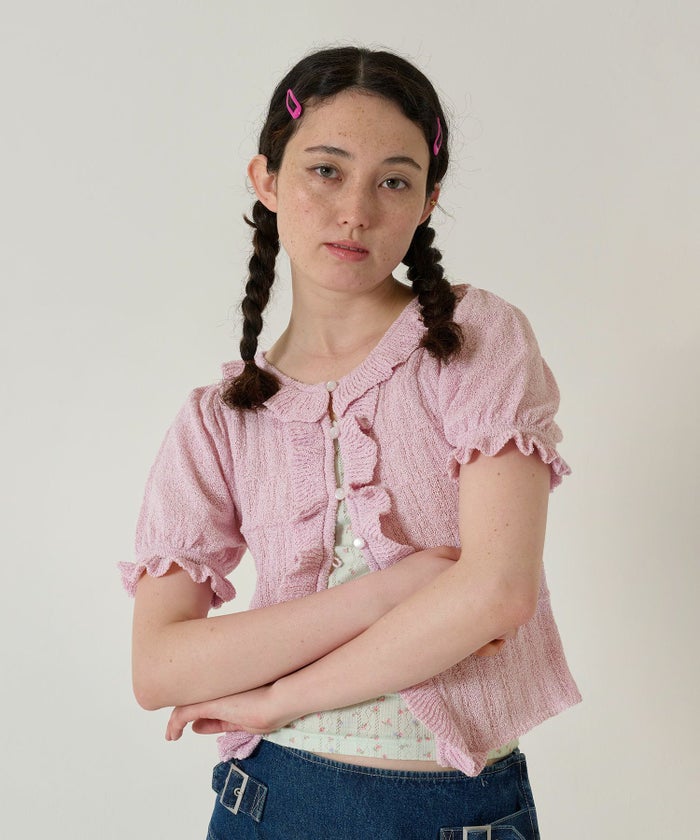 カーディガン/トップス/ニット/半袖/ピンク