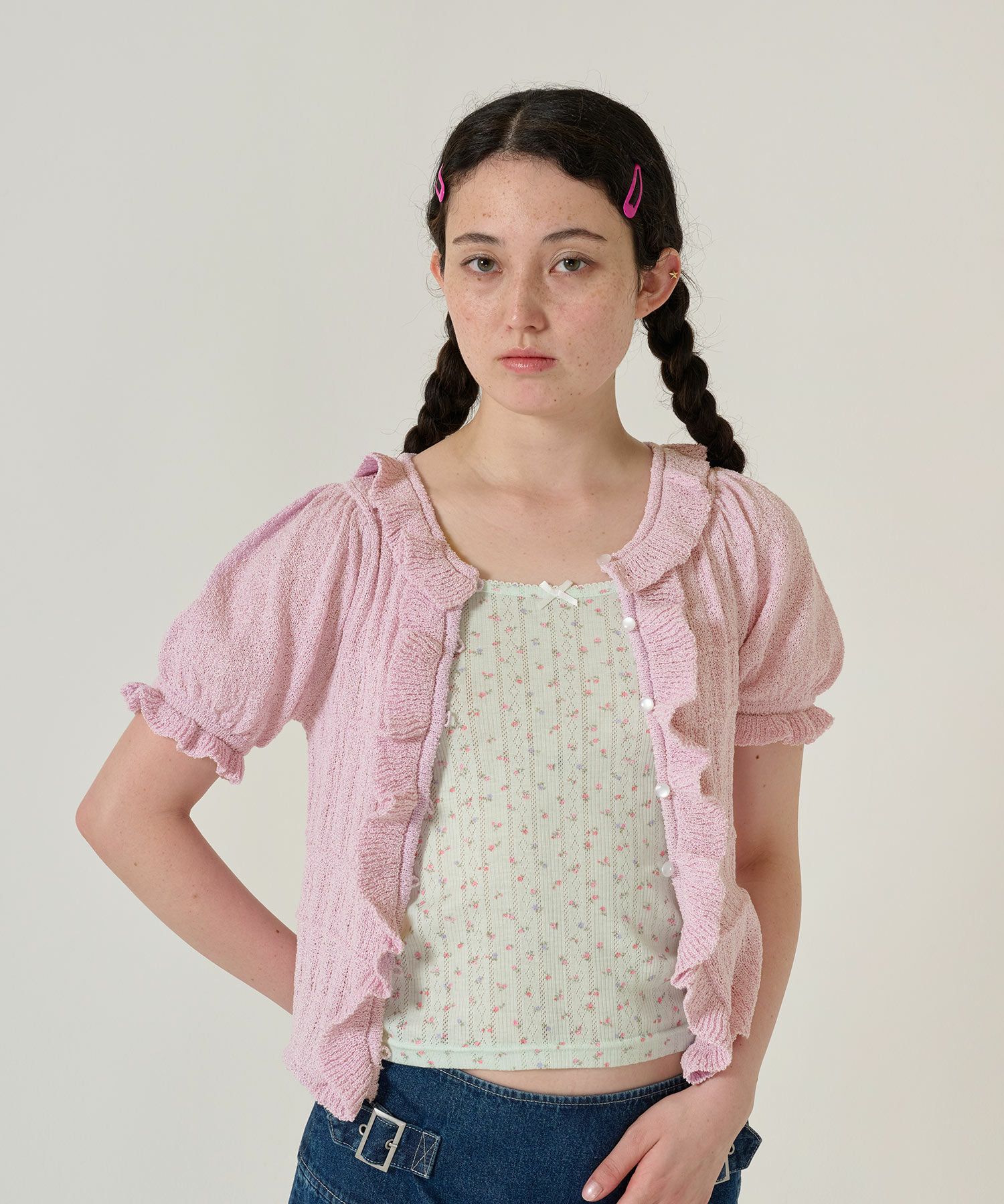 FINAL SALE フリル付き 半袖ニットカーディガン TINA：JOJUN 全2色