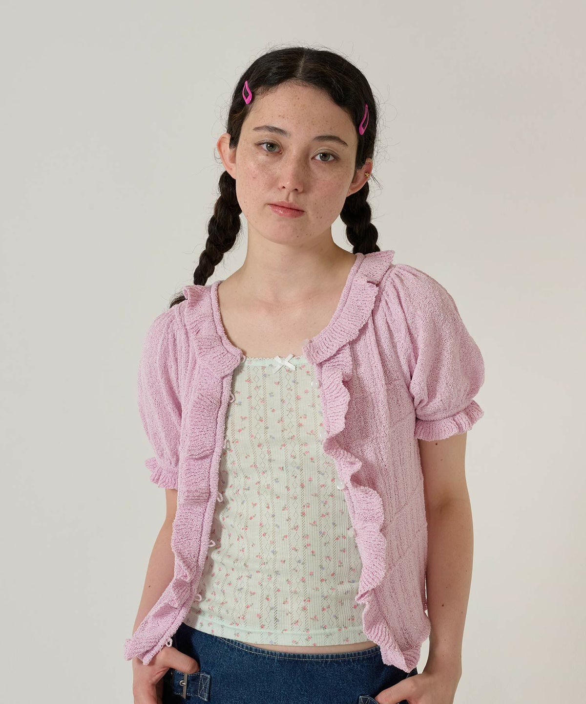 カーディガン/トップス/ニット/半袖/ピンク