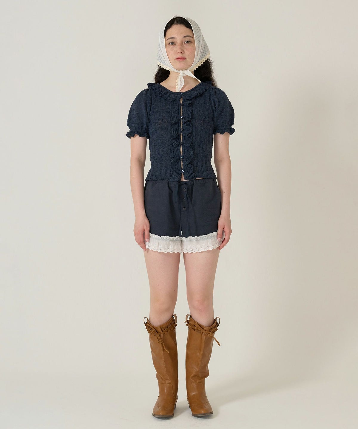 カーディガン/トップス/ニット/半袖/ネイビー