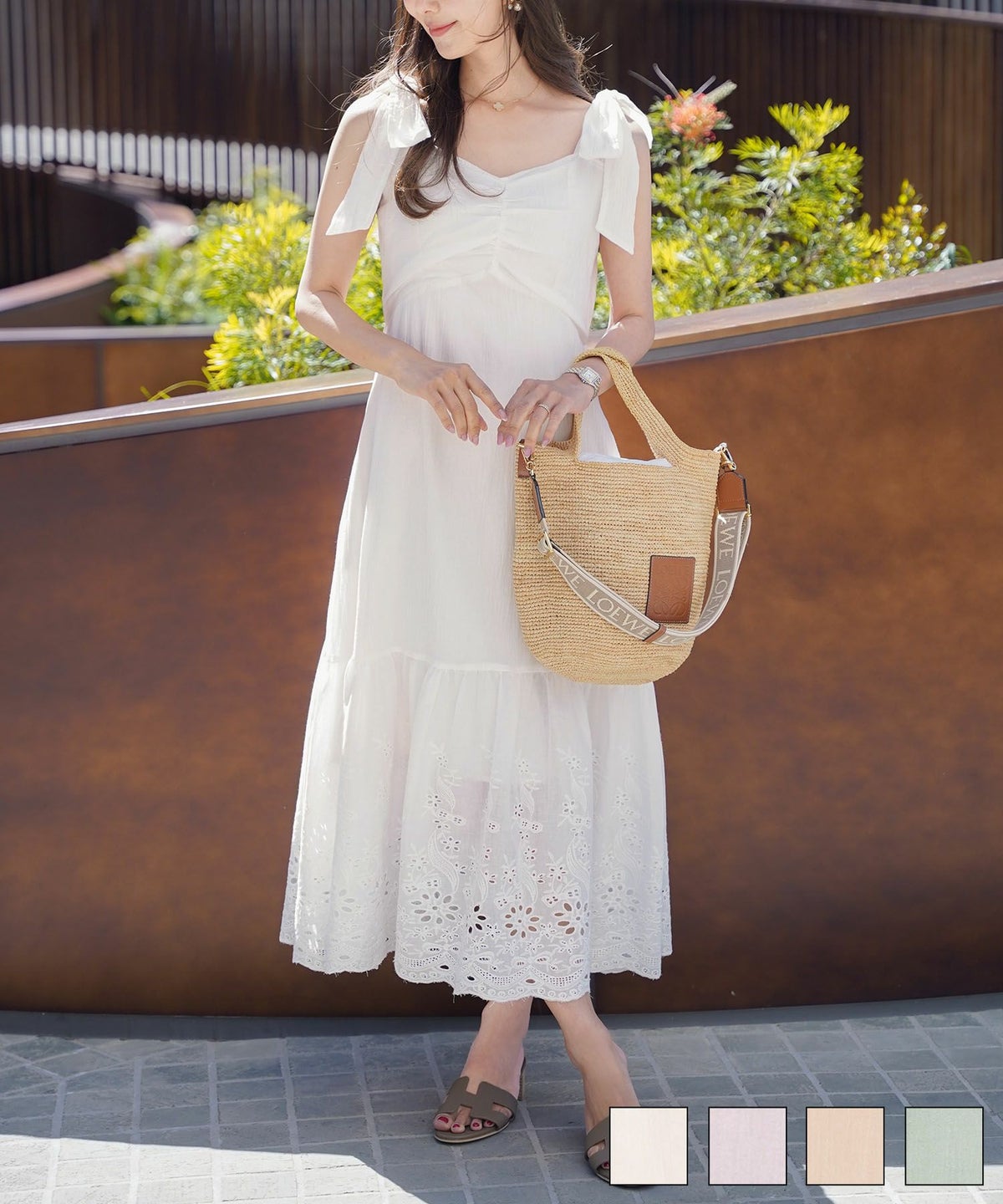 花柄 春 夏 秋 レイヤード ノースリーブ キャミワンピース ラベンダー ミント ピンクベージュ ホワイト 可愛い 上品 フェミニン カジュアル エレガント ヘルシー 綿 レース ゴム入り 肩リボン コットンレース コンビ キャミワンピース le reve vaniller