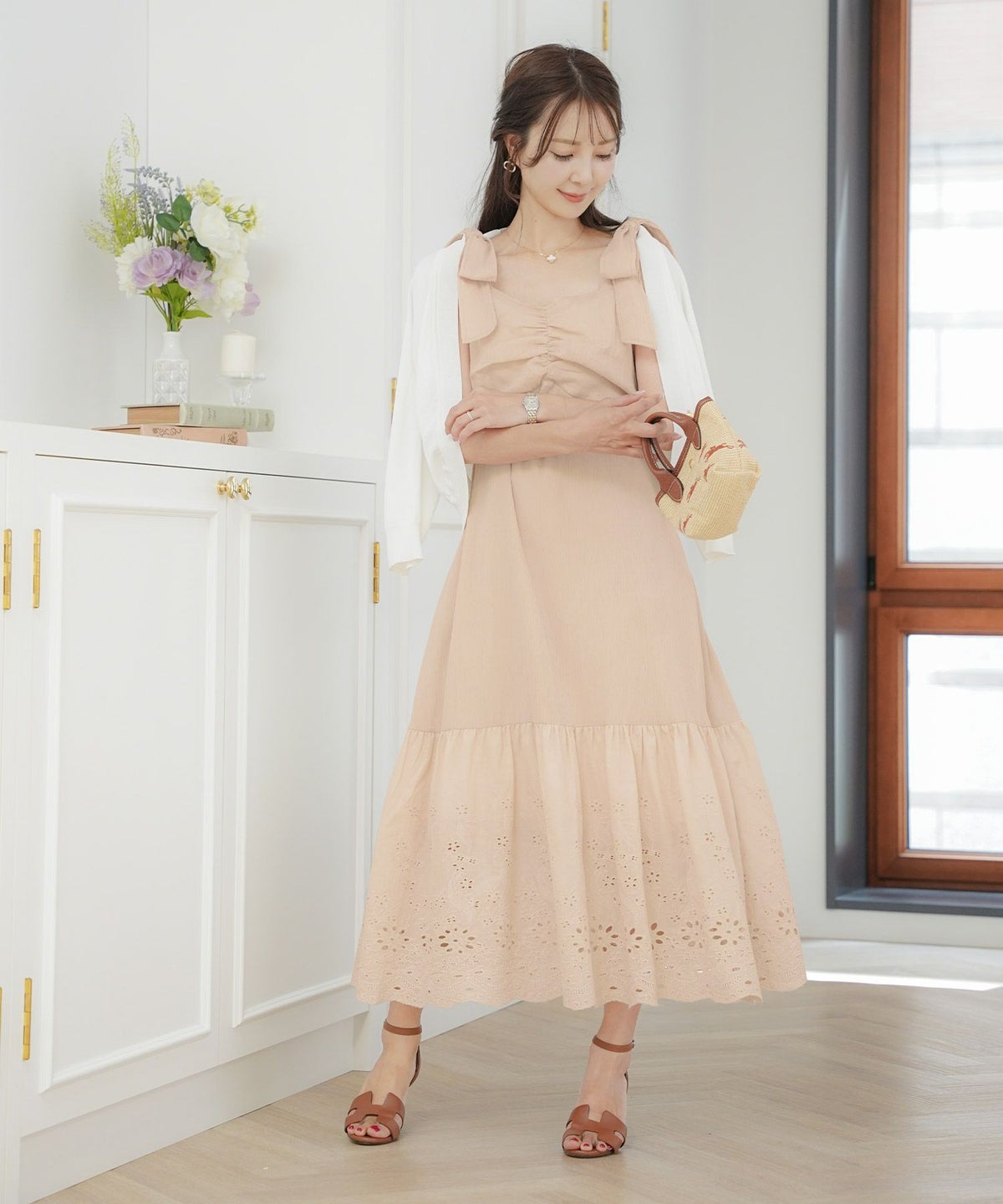 レディース/ワンピース/コットンワンピース/レースワンピース/花柄/春/夏/秋/レイヤード/ノースリーブ/キャミワンピース/ラベンダー/ミント/ピンクベージュ/ホワイト/可愛い/上品/フェミニン/カジュアル/エレガント/ヘルシー/綿/レース/ゴム入り