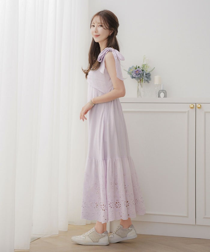 レディース/ワンピース/コットンワンピース/レースワンピース/花柄/春/夏/秋/レイヤード/ノースリーブ/キャミワンピース/ラベンダー/ミント/ピンクベージュ/ホワイト/可愛い/上品/フェミニン/カジュアル/エレガント/ヘルシー/綿/レース/ゴム入り