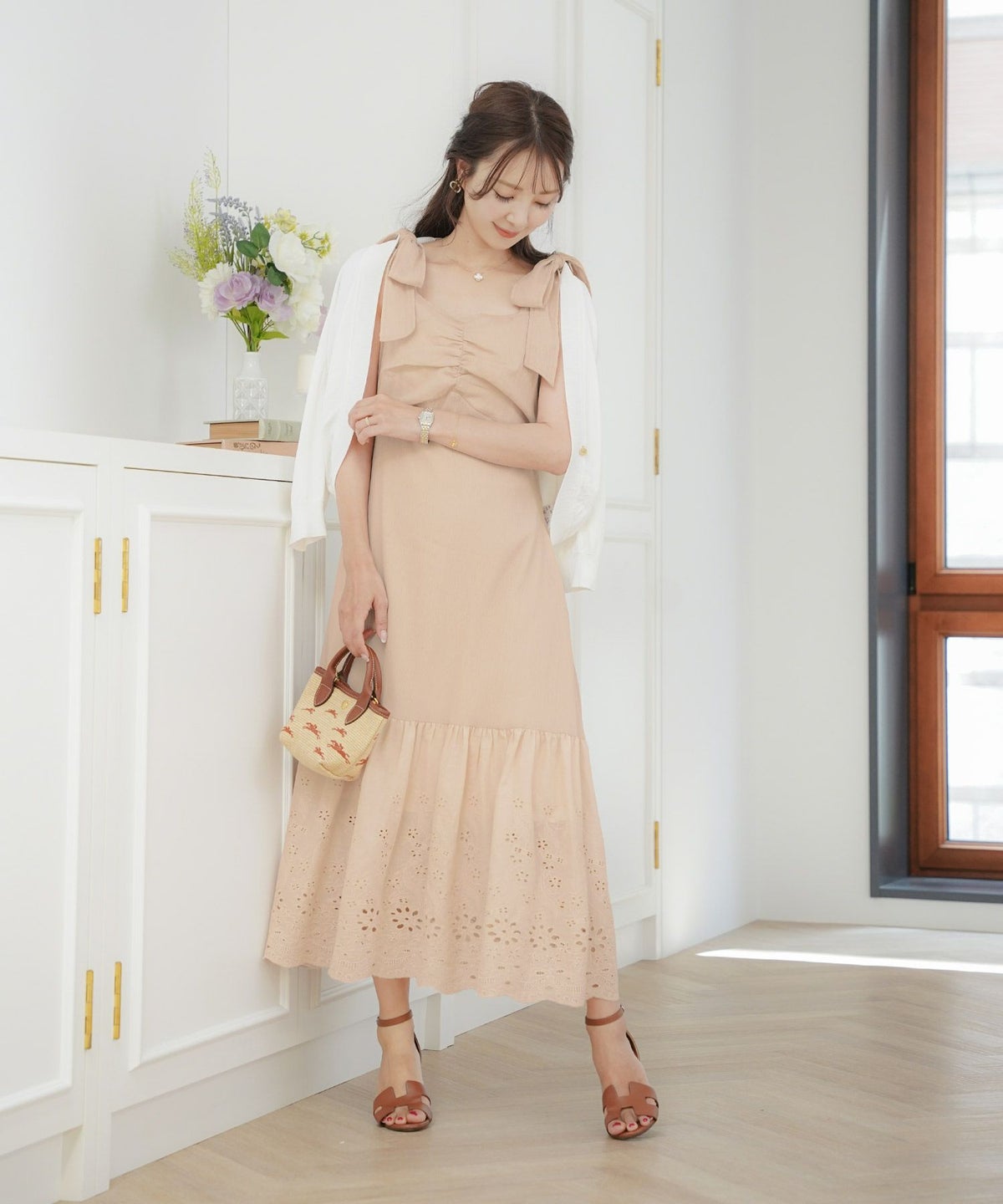 レディース/ワンピース/コットンワンピース/レースワンピース/花柄/春/夏/秋/レイヤード/ノースリーブ/キャミワンピース/ラベンダー/ミント/ピンクベージュ/ホワイト/可愛い/上品/フェミニン/カジュアル/エレガント/ヘルシー/綿/レース/ゴム入り