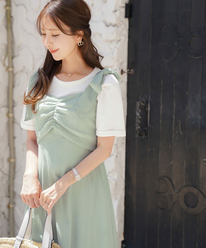 レディース/ワンピース/コットンワンピース/レースワンピース/花柄/春/夏/秋/レイヤード/ノースリーブ/キャミワンピース/ラベンダー/ミント/ピンクベージュ/ホワイト/可愛い/上品/フェミニン/カジュアル/エレガント/ヘルシー/綿/レース/ゴム入り