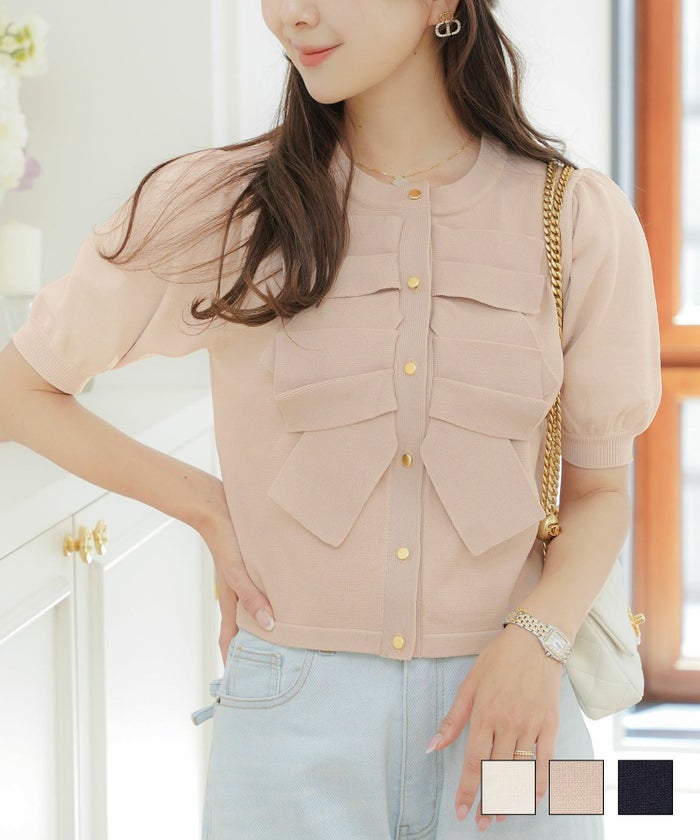 レディース  ニット ジャケット ショート丈 コンパクト丈 ゴールド リボン 春  夏  秋  きれい フェミニン エレガント 上品 リボン デザイン ニット ジャケット le reve vaniller
