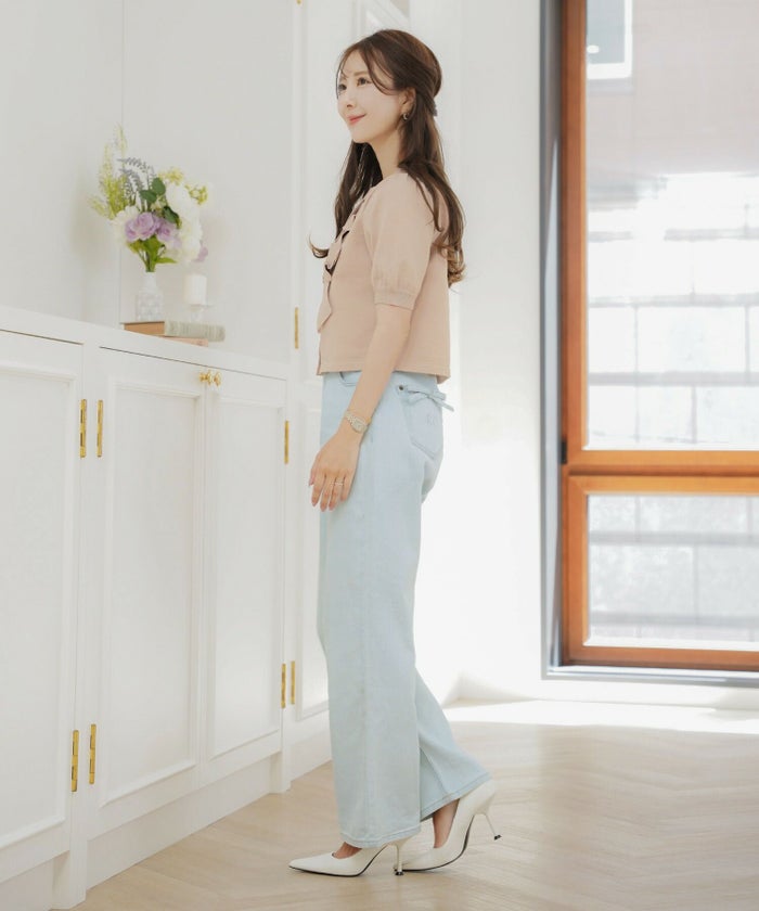 レディース/ニット/ジャケット/ショート丈/コンパクト丈/ゴールド/リボン/春/夏/秋/きれい/フェミニン/エレガント/上品