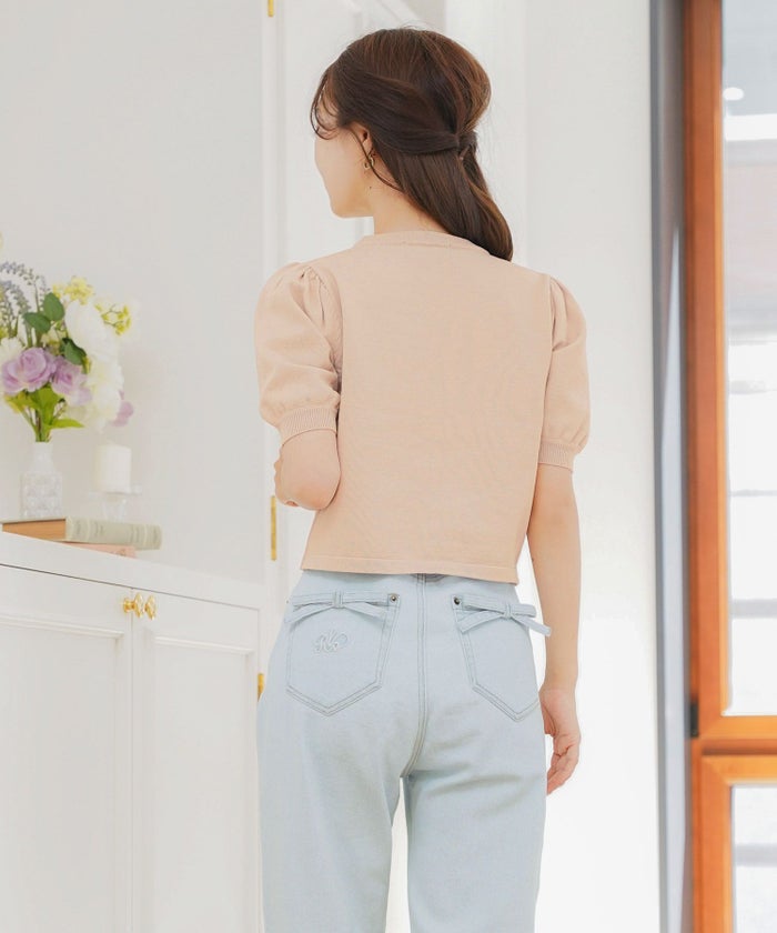 レディース/ニット/ジャケット/ショート丈/コンパクト丈/ゴールド/リボン/春/夏/秋/きれい/フェミニン/エレガント/上品