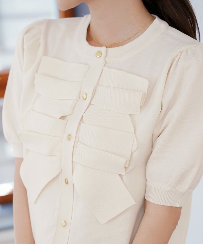 レディース/ニット/ジャケット/ショート丈/コンパクト丈/ゴールド/リボン/春/夏/秋/きれい/フェミニン/エレガント/上品