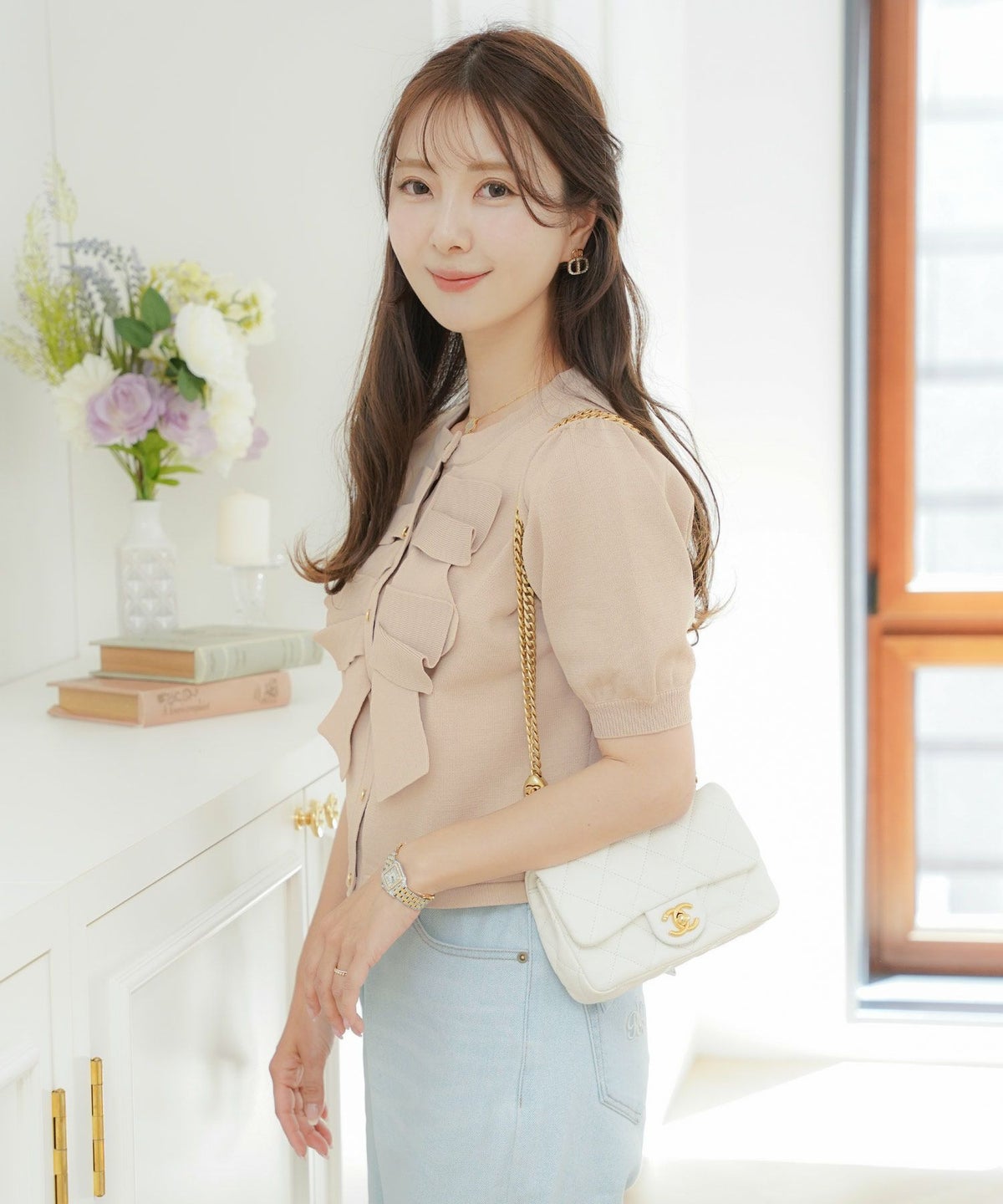 レディース/ニット/ジャケット/ショート丈/コンパクト丈/ゴールド/リボン/春/夏/秋/きれい/フェミニン/エレガント/上品