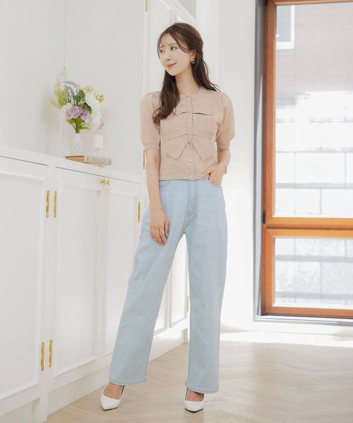 レディース/ニット/ジャケット/ショート丈/コンパクト丈/ゴールド/リボン/春/夏/秋/きれい/フェミニン/エレガント/上品