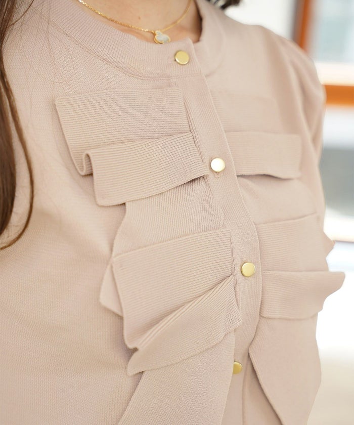 レディース/ニット/ジャケット/ショート丈/コンパクト丈/ゴールド/リボン/春/夏/秋/きれい/フェミニン/エレガント/上品