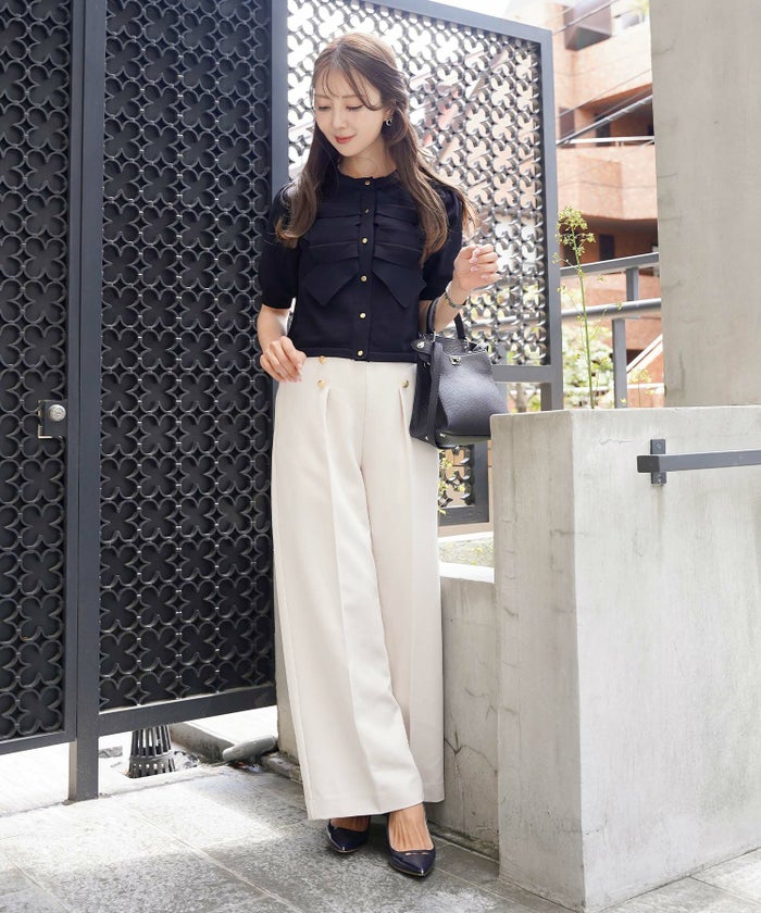 レディース/ニット/ジャケット/ショート丈/コンパクト丈/ゴールド/リボン/春/夏/秋/きれい/フェミニン/エレガント/上品