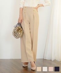 ボトムス パンツ ワイドパンツ マリンパンツ ゴールド ボタン ポケット 美脚 脚長 体型カバー フルレングス オールシーズン 夏 春 秋 冬 センタープレス タック ハイウエスト アイボリー ピンクベージュ ネイビー ベージュ 新色 マリン ワイド パンツ le reve vaniller