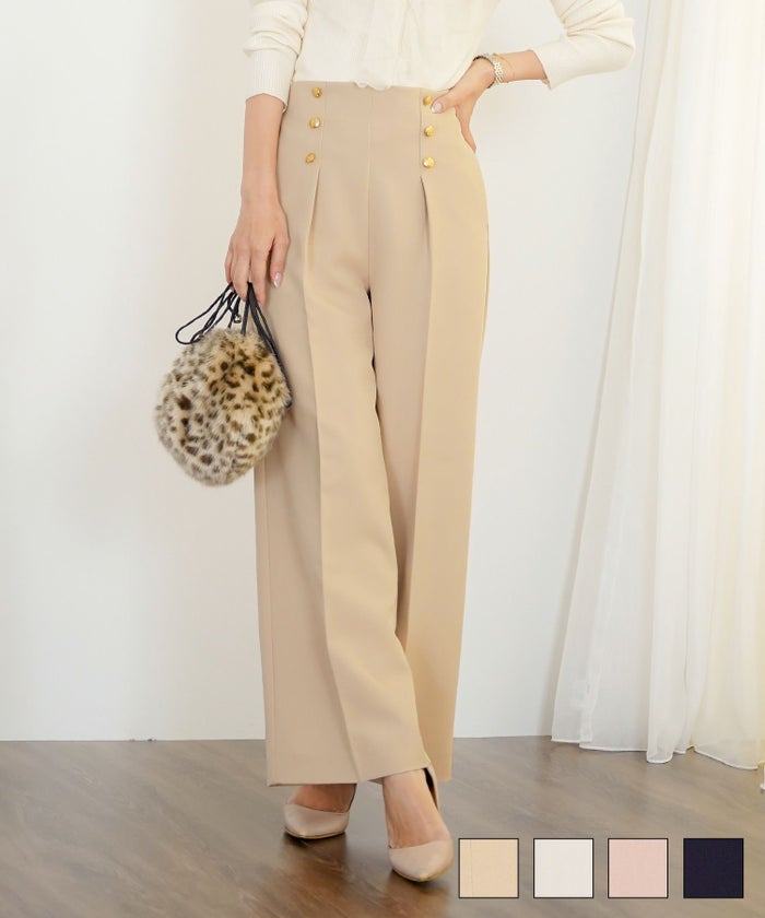 ボトムス パンツ ワイドパンツ マリンパンツ ゴールド ボタン ポケット 美脚 脚長 体型カバー フルレングス オールシーズン 夏 春 秋 冬 センタープレス タック ハイウエスト アイボリー ピンクベージュ ネイビー ベージュ 新色 マリン ワイド パンツ le reve vaniller