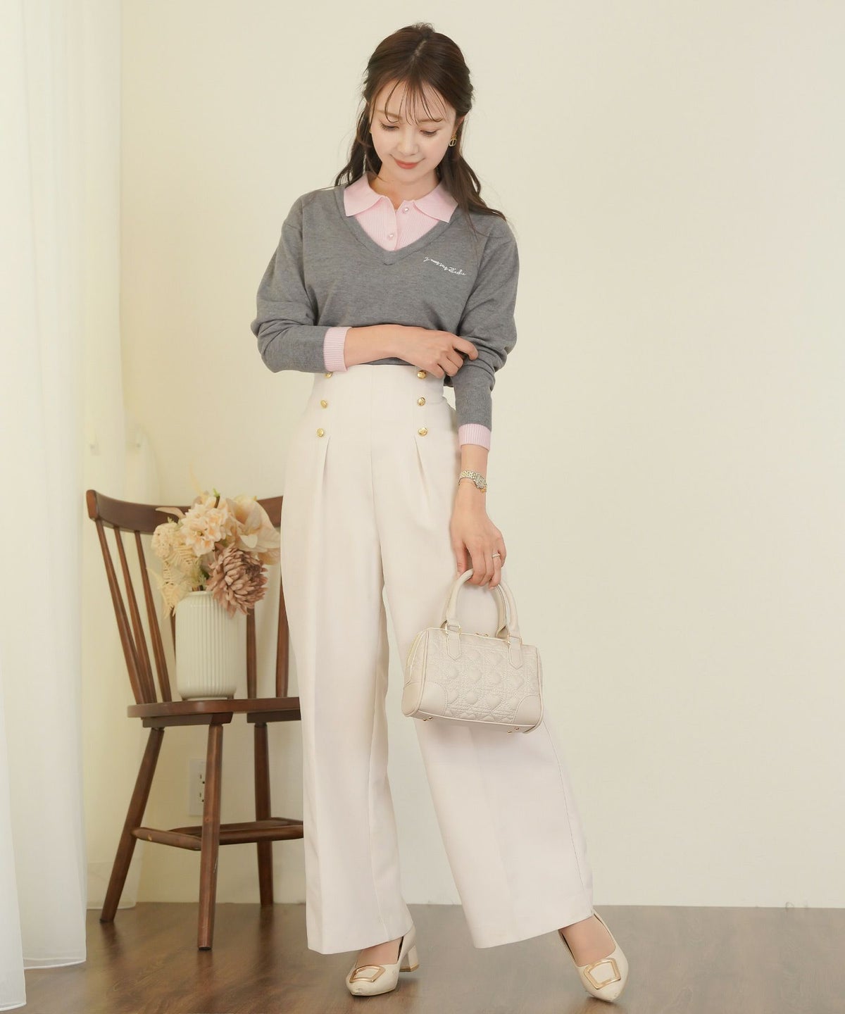 レディース/ボトムス/パンツ/ワイドパンツ/マリンパンツ/ゴールド/ボタン/ポケット/美脚/脚長/体型カバー/フルレングス/オールシーズン/夏/春/秋/冬/センタープレス/タック/ハイウエスト/アイボリー/ピンクベージュ/ネイビー