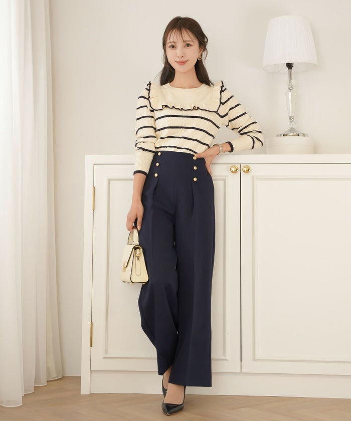 レディース/ボトムス/パンツ/ワイドパンツ/マリンパンツ/ゴールド/ボタン/ポケット/美脚/脚長/体型カバー/フルレングス/オールシーズン/夏/春/秋/冬/センタープレス/タック/ハイウエスト/アイボリー/ピンクベージュ/ネイビー