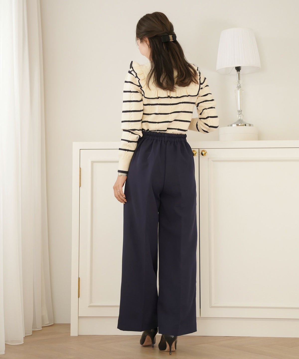 レディース/ボトムス/パンツ/ワイドパンツ/マリンパンツ/ゴールド/ボタン/ポケット/美脚/脚長/体型カバー/フルレングス/オールシーズン/夏/春/秋/冬/センタープレス/タック/ハイウエスト/アイボリー/ピンクベージュ/ネイビー