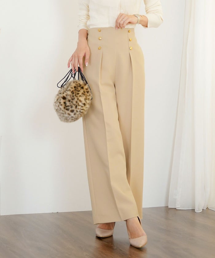 レディース/ボトムス/パンツ/ワイドパンツ/マリンパンツ/ゴールド/ボタン/ポケット/美脚/脚長/体型カバー/フルレングス/オールシーズン/夏/春/秋/冬/センタープレス/タック/ハイウエスト/アイボリー/ピンクベージュ/ネイビー