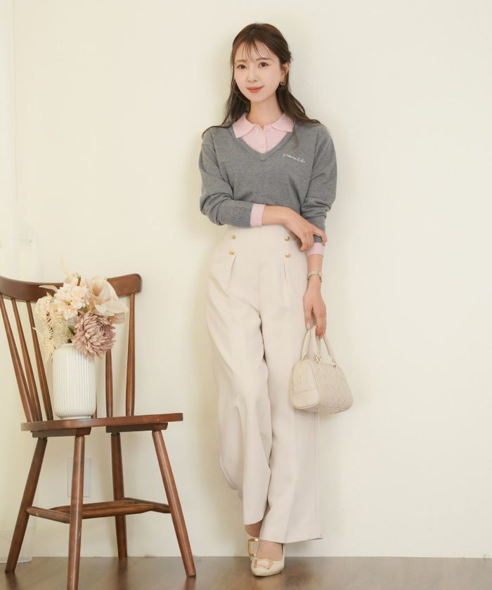 レディース/ボトムス/パンツ/ワイドパンツ/マリンパンツ/ゴールド/ボタン/ポケット/美脚/脚長/体型カバー/フルレングス/オールシーズン/夏/春/秋/冬/センタープレス/タック/ハイウエスト/アイボリー/ピンクベージュ/ネイビー