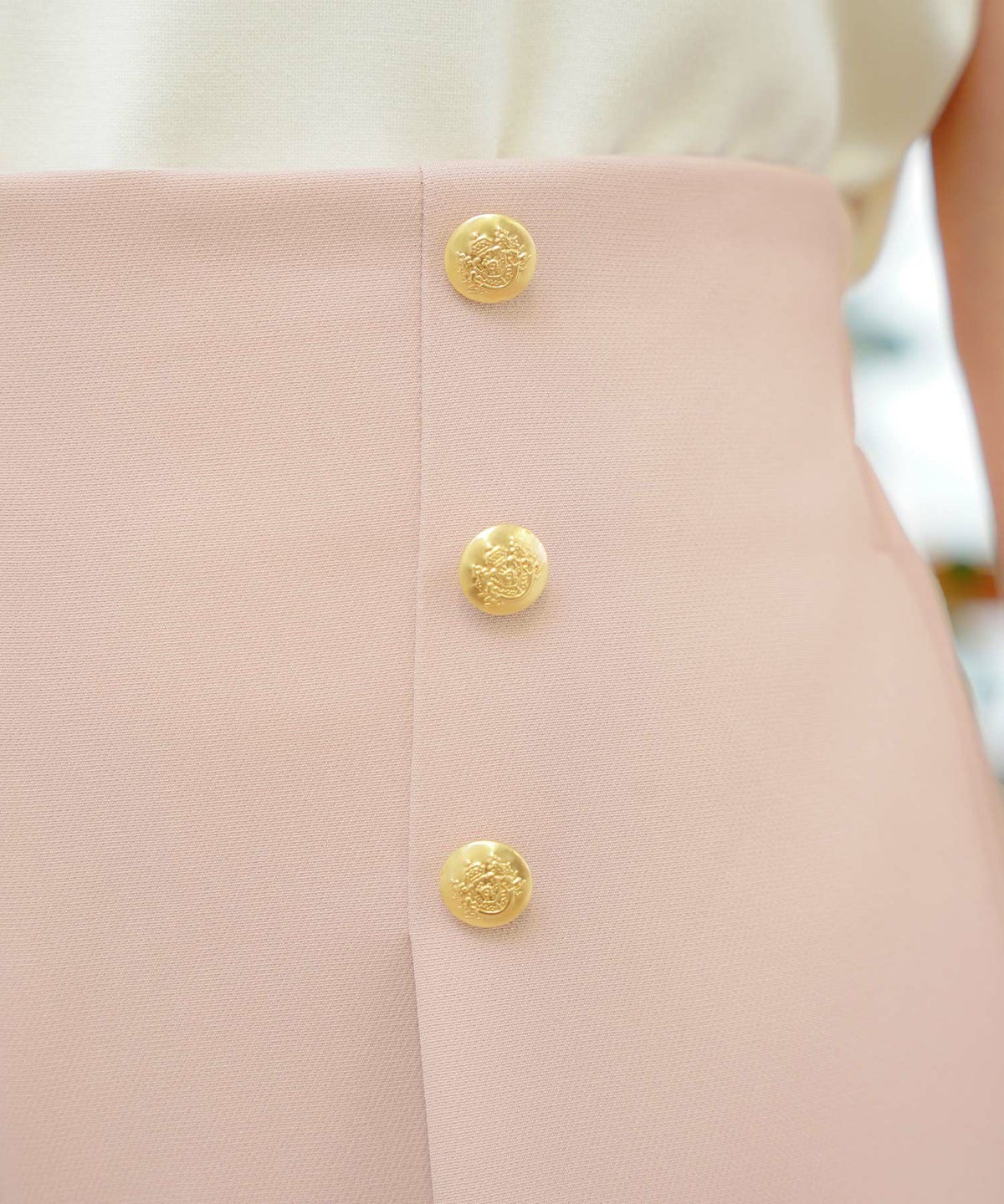 レディース/ボトムス/パンツ/ワイドパンツ/マリンパンツ/ゴールド/ボタン/ポケット/美脚/脚長/体型カバー/フルレングス/オールシーズン/夏/春/秋/冬/センタープレス/タック/ハイウエスト/アイボリー/ピンクベージュ/ネイビー