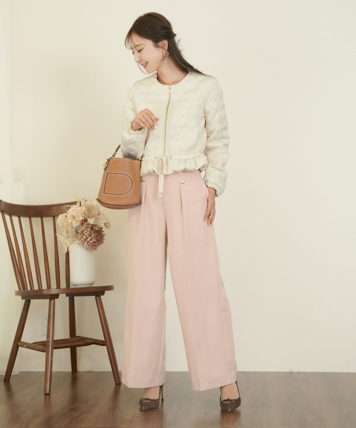 レディース/ボトムス/パンツ/ワイドパンツ/マリンパンツ/ゴールド/ボタン/ポケット/美脚/脚長/体型カバー/フルレングス/オールシーズン/夏/春/秋/冬/センタープレス/タック/ハイウエスト/アイボリー/ピンクベージュ/ネイビー