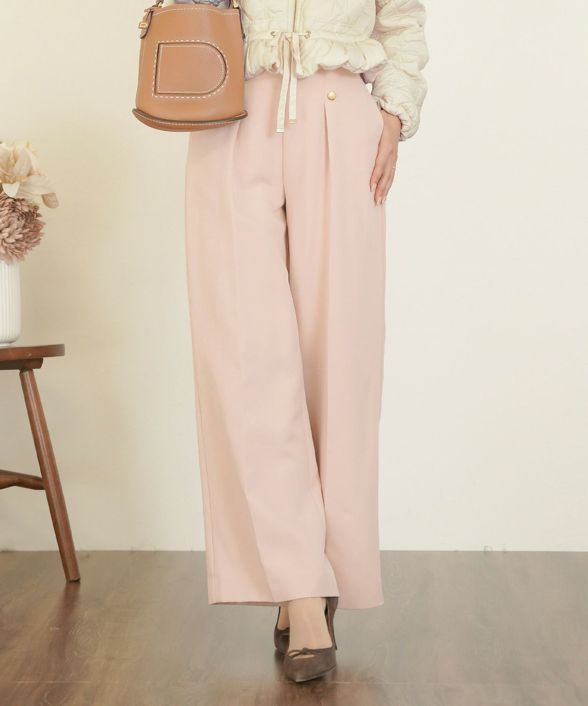 レディース/ボトムス/パンツ/ワイドパンツ/マリンパンツ/ゴールド/ボタン/ポケット/美脚/脚長/体型カバー/フルレングス/オールシーズン/夏/春/秋/冬/センタープレス/タック/ハイウエスト/アイボリー/ピンクベージュ/ネイビー