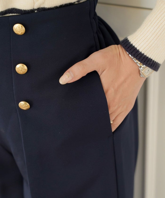 レディース/ボトムス/パンツ/ワイドパンツ/マリンパンツ/ゴールド/ボタン/ポケット/美脚/脚長/体型カバー/フルレングス/オールシーズン/夏/春/秋/冬/センタープレス/タック/ハイウエスト/アイボリー/ピンクベージュ/ネイビー