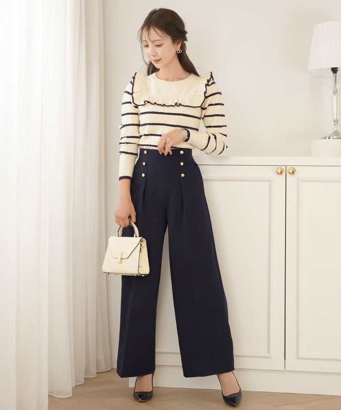 レディース/ボトムス/パンツ/ワイドパンツ/マリンパンツ/ゴールド/ボタン/ポケット/美脚/脚長/体型カバー/フルレングス/オールシーズン/夏/春/秋/冬/センタープレス/タック/ハイウエスト/アイボリー/ピンクベージュ/ネイビー