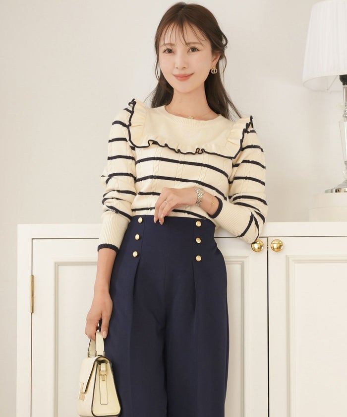 レディース/ボトムス/パンツ/ワイドパンツ/マリンパンツ/ゴールド/ボタン/ポケット/美脚/脚長/体型カバー/フルレングス/オールシーズン/夏/春/秋/冬/センタープレス/タック/ハイウエスト/アイボリー/ピンクベージュ/ネイビー