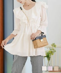 ドローストリング リボン 半袖 7分袖 ゴム口 スタイルアップ 絞れる Vネック 春 夏 秋 エレガント フェミニン 上品 カジュアル 大人 ピンクベージュ ラベンダー ホワイト ラッフルフリル コットン チュニック ブラウス le reve vaniller