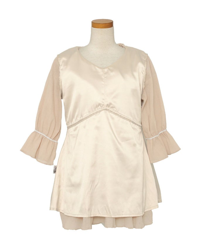 レディース/ブラウス/トップス/チュニック/ラッフルカラー/フリル/ドロスト/ドローストリング/リボン/半袖/7分袖/ゴム口/スタイルアップ/絞れる/Vネック/春/夏/秋/エレガント/フェミニン/上品/カジュアル/大人/ピンクベージュ/ラベンダー/ホワイト