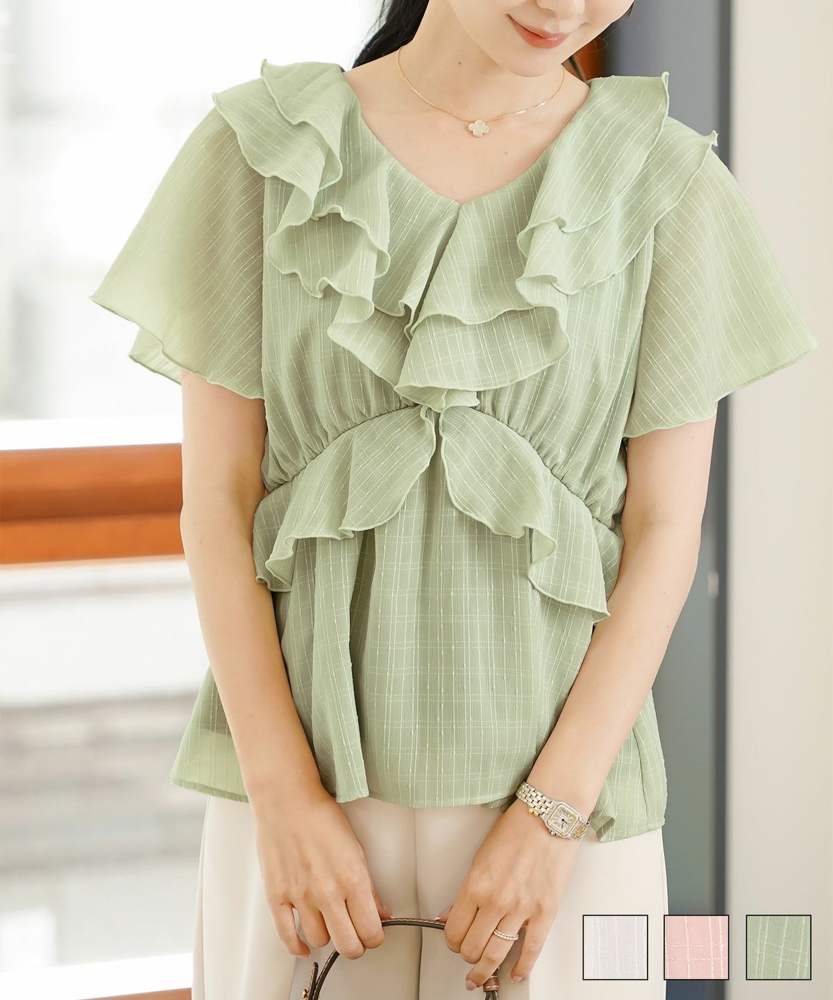 レディース ブラウス トップス ショート丈 コンパクト丈 フリル ストライプ柄 半シアー 透け感 清涼感 ホワイト ピンク ミント 春 夏 旅行 バタフライスリーブ 半袖 ハイウエスト チェック柄 シアーシフォン フリル ブラウス le reve vaniller