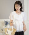 レディース/ブラウス/トップス/ショート丈/コンパクト丈/フリル/ストライプ柄/半シアー/透け感/清涼感/ホワイト/ピンク/ミント/春/夏/旅行/バタフライスリーブ/半袖/ハイウエスト/チェック柄
