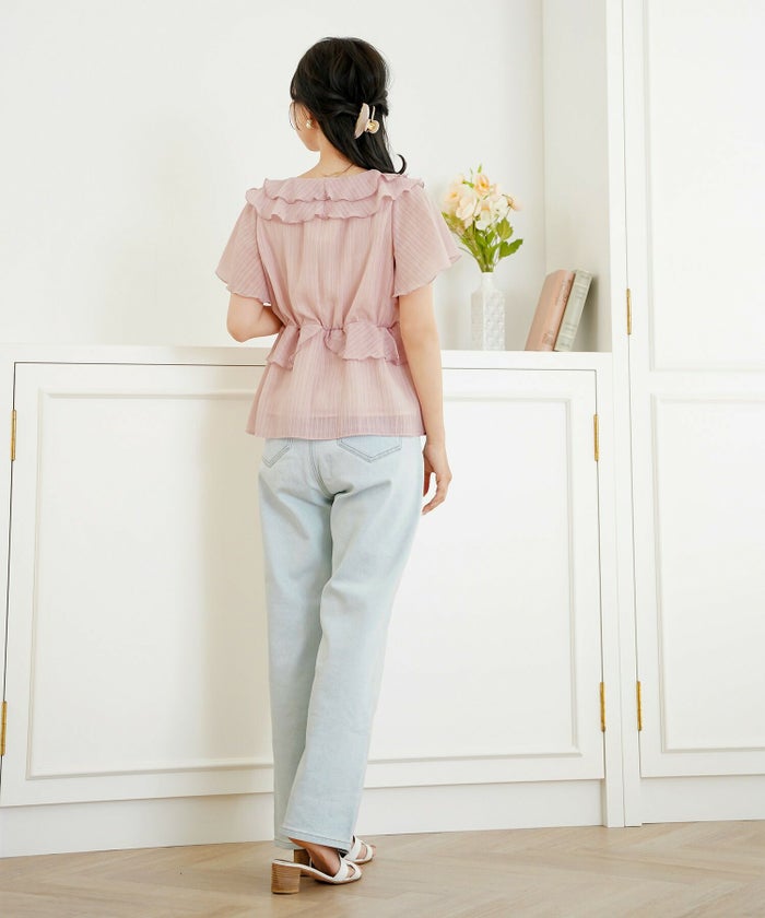 レディース/ブラウス/トップス/ショート丈/コンパクト丈/フリル/ストライプ柄/半シアー/透け感/清涼感/ホワイト/ピンク/ミント/春/夏/旅行/バタフライスリーブ/半袖/ハイウエスト/チェック柄