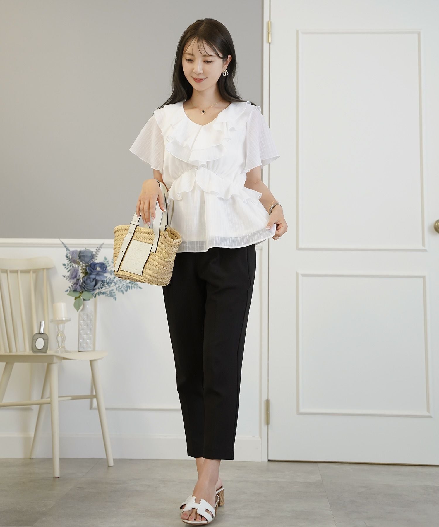 新品未使用✨ ジャスグリッティ フリル シアー シフォン 半袖ブラウス 白 PRE-SUMMER-SALE シアーシフォン フリル ブラウス le reve vaniller 全