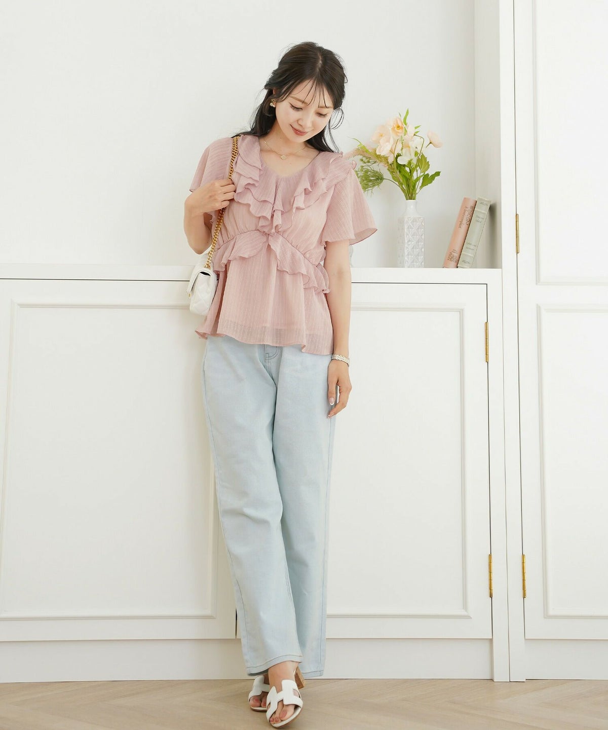 レディース/ブラウス/トップス/ショート丈/コンパクト丈/フリル/ストライプ柄/半シアー/透け感/清涼感/ホワイト/ピンク/ミント/春/夏/旅行/バタフライスリーブ/半袖/ハイウエスト/チェック柄