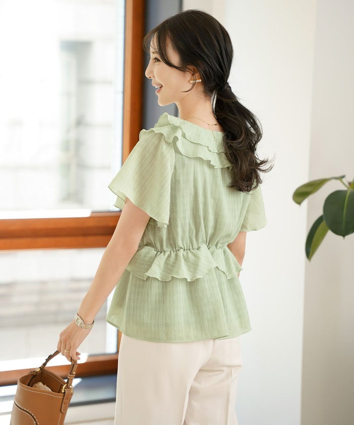 レディース/ブラウス/トップス/ショート丈/コンパクト丈/フリル/ストライプ柄/半シアー/透け感/清涼感/ホワイト/ピンク/ミント/春/夏/旅行/バタフライスリーブ/半袖/ハイウエスト/チェック柄