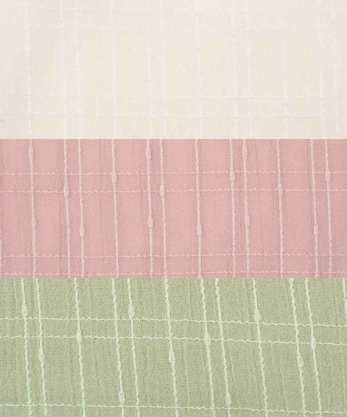 レディース/ブラウス/トップス/ショート丈/コンパクト丈/フリル/ストライプ柄/半シアー/透け感/清涼感/ホワイト/ピンク/ミント/春/夏/旅行/バタフライスリーブ/半袖/ハイウエスト/チェック柄