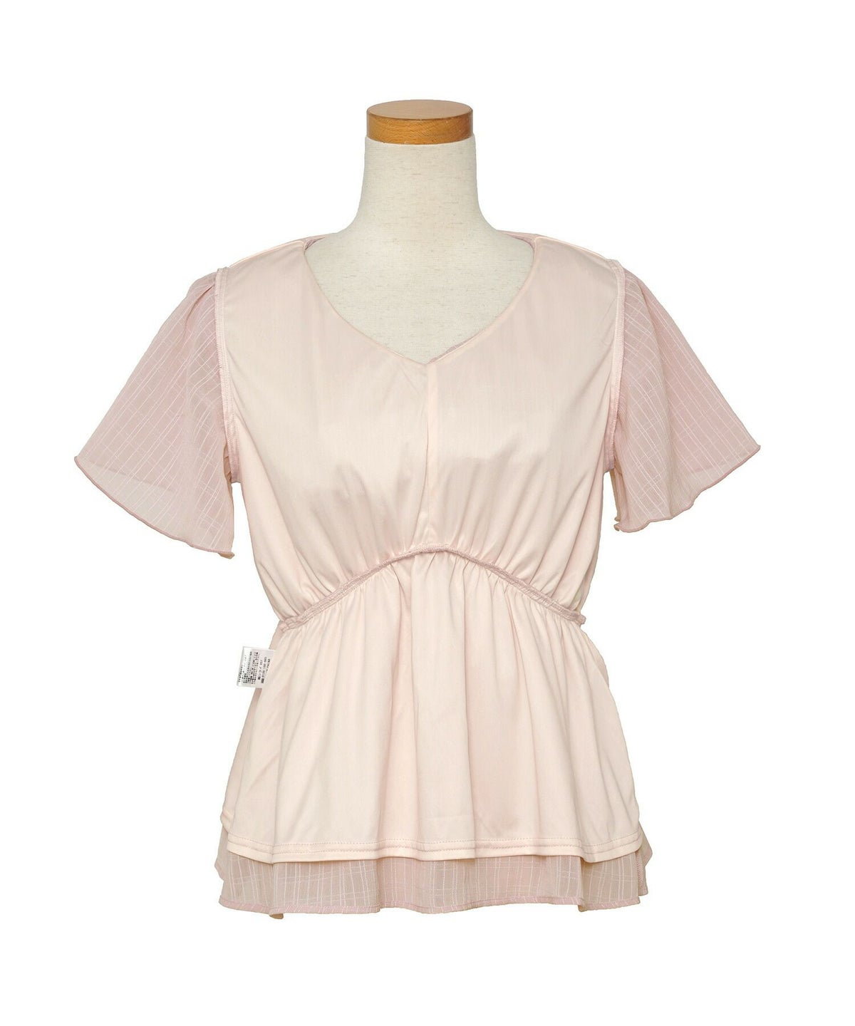 レディース/ブラウス/トップス/ショート丈/コンパクト丈/フリル/ストライプ柄/半シアー/透け感/清涼感/ホワイト/ピンク/ミント/春/夏/旅行/バタフライスリーブ/半袖/ハイウエスト/チェック柄