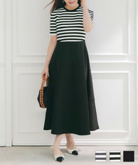 手洗い可上品きれいめボーダー柄大人可愛いオフィスカジュアルフェニミンオフィス白黒ジョイントスペース ニット ドッキング フレア ワンピース Liala×PG