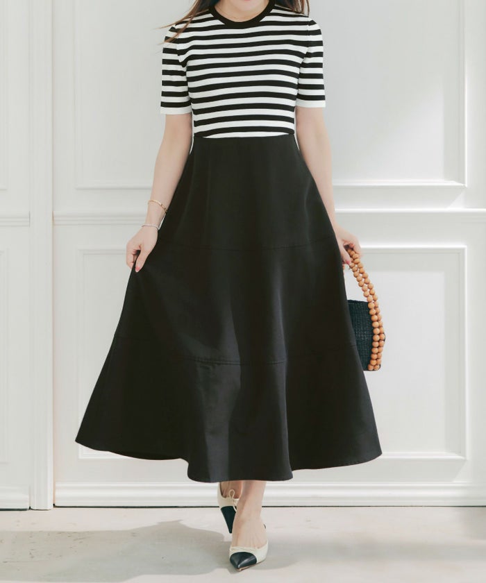 手洗い可上品きれいめボーダー柄大人可愛いオフィスカジュアルフェニミンオフィス白黒ジョイントスペース