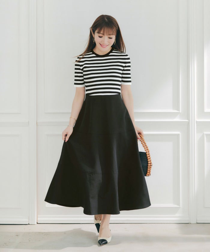 手洗い可上品きれいめボーダー柄大人可愛いオフィスカジュアルフェニミンオフィス白黒ジョイントスペース