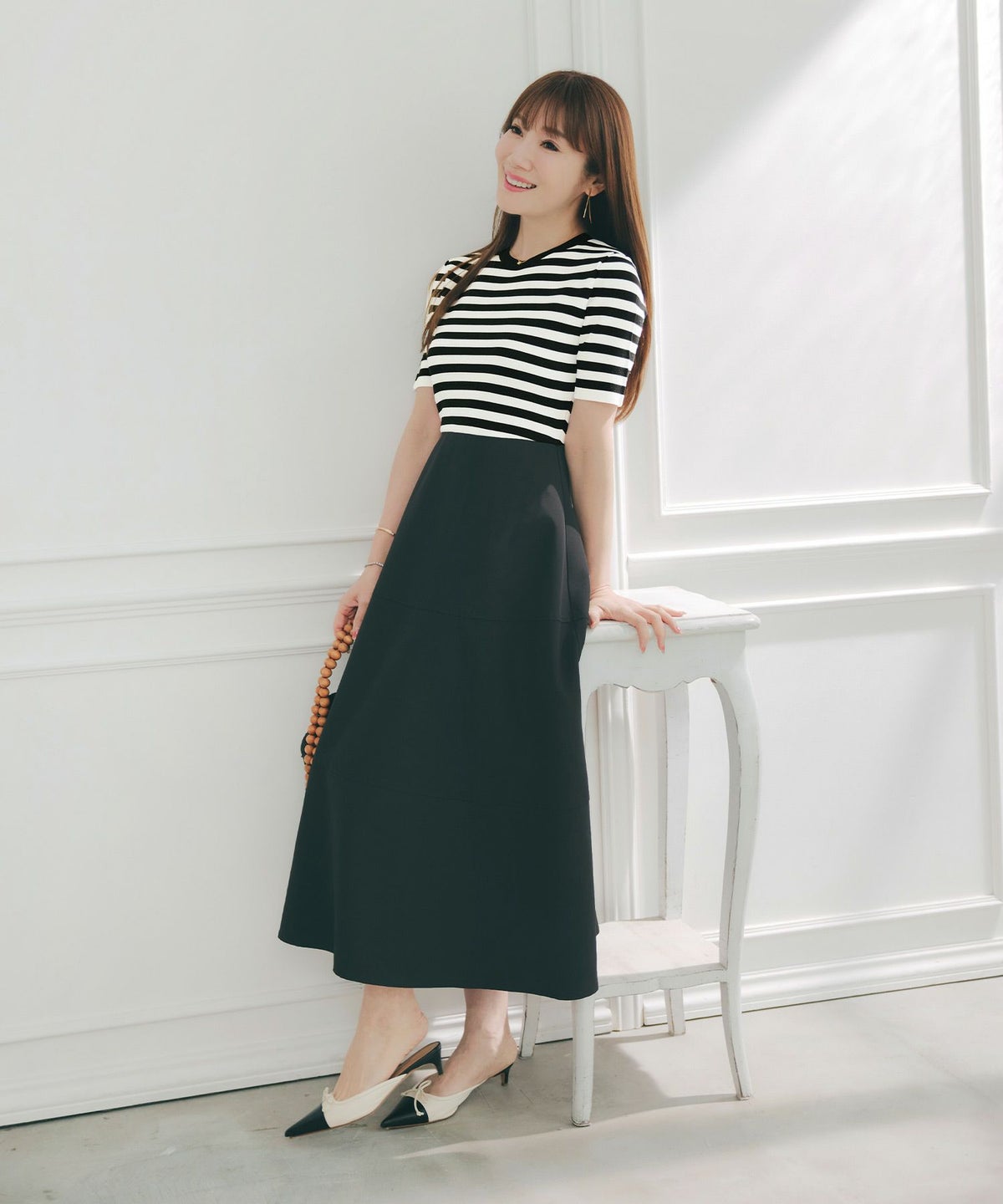 手洗い可上品きれいめボーダー柄大人可愛いオフィスカジュアルフェニミンオフィス白黒ジョイントスペース