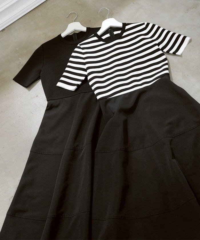 手洗い可上品きれいめボーダー柄大人可愛いオフィスカジュアルフェニミンオフィス白黒ジョイントスペース