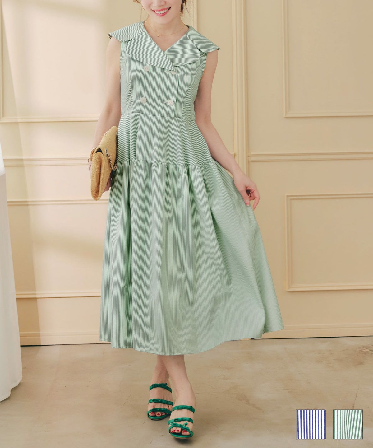 手洗い可 上品 きれいめ 柄 体型カバー 大人可愛い オフィス カジュアル フェニミン オフィス ジョイントスペース BIGカラー ノースリーブ ストライプ ワンピース Liala×PG