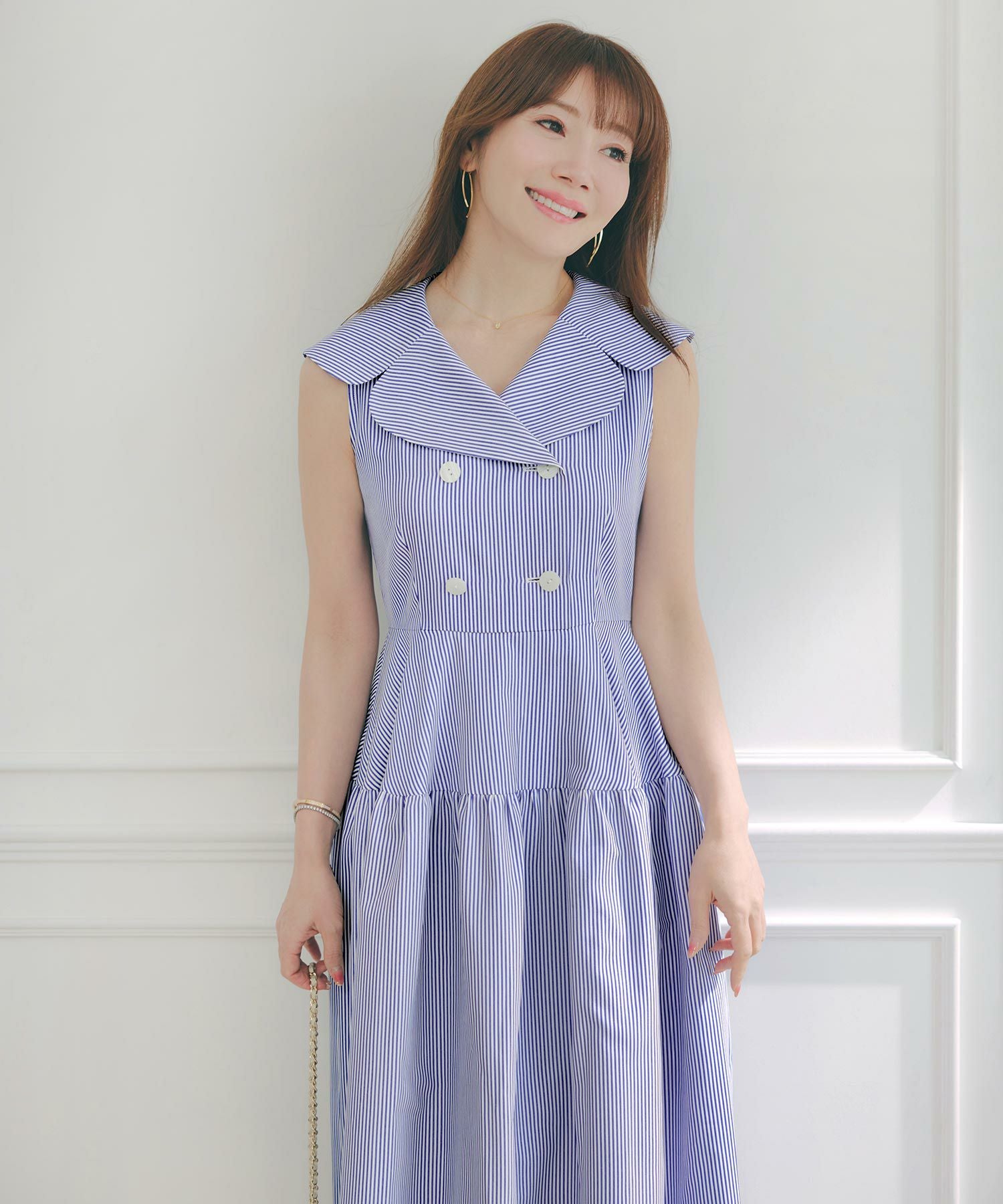 TIME-SALE BIGカラー ノースリーブ ストライプ ワンピース Liala×PG 全
